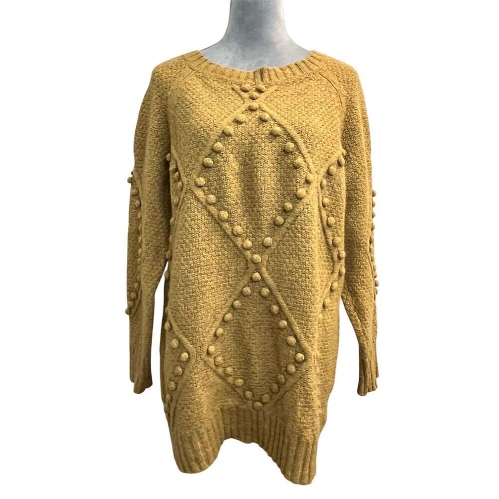 Anthropologie Moth Pom Pom Tunic Sweater Dress Gold L Cozy Winter Cottagecore